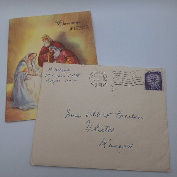 Vintage Christmas Card 1955 Nativity Scene Envelope 3 Cent Stamp Letter Kansas - Picture 2 of 8